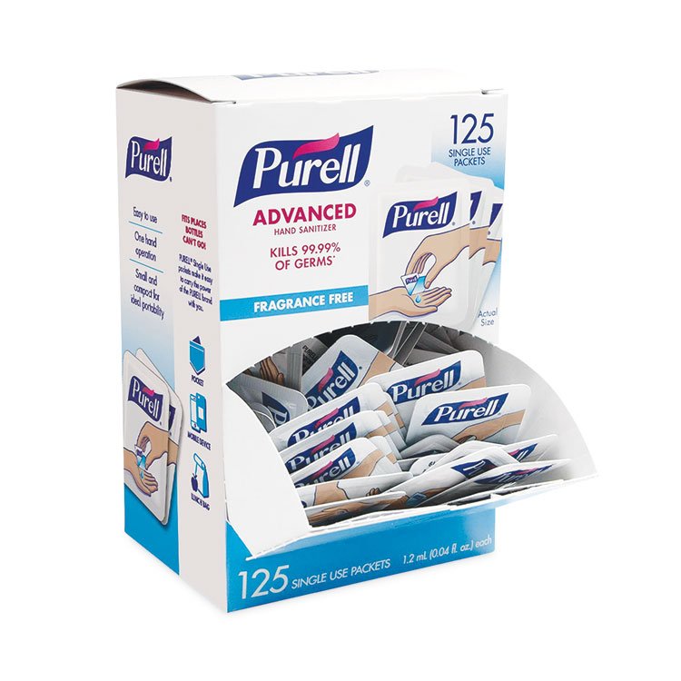 PURELL Advanced Hand Sanitizer Single Use, Gel, 1.2 mL, Packet, Fragrance-Free, 125/Box (GOJ9630125NSBX)