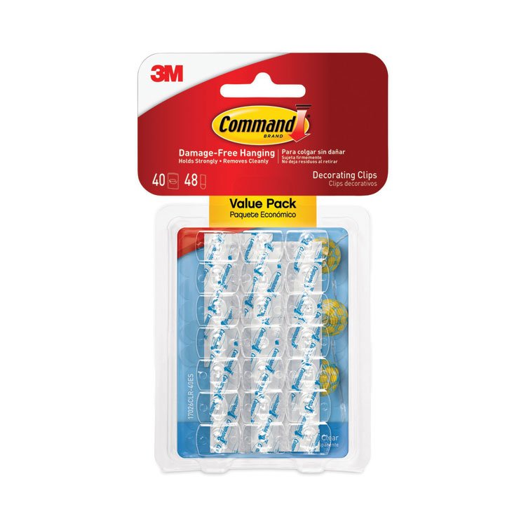 Command Clear Hooks and Strips, Decorating Clips, Plastic, 0.15 lb Capacity, 40 Clips and 48 Strips/Pack (MMM17026CLR40ES)