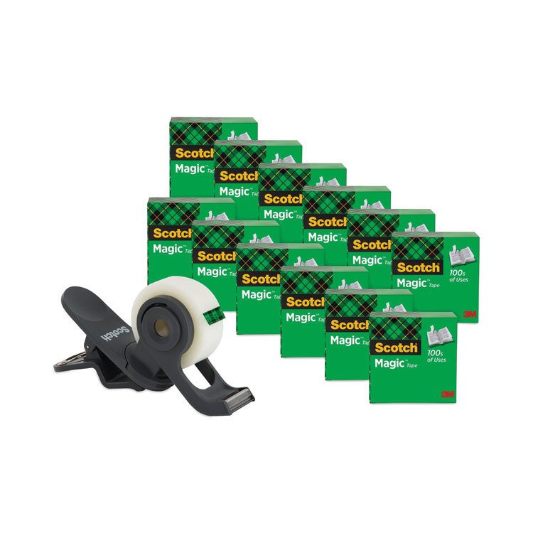 Scotch Clip Dispenser Value Pack with 12 Rolls of Tape, 1" Core, Plastic, Charcoal (MMM810K12C19)