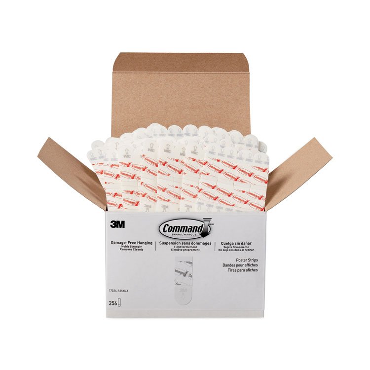 Command Poster Strips, Removable, Holds Up to 1 lb per Pair, 1.63 x 2.75, White, 256/Pack (MMM17024S256NA)