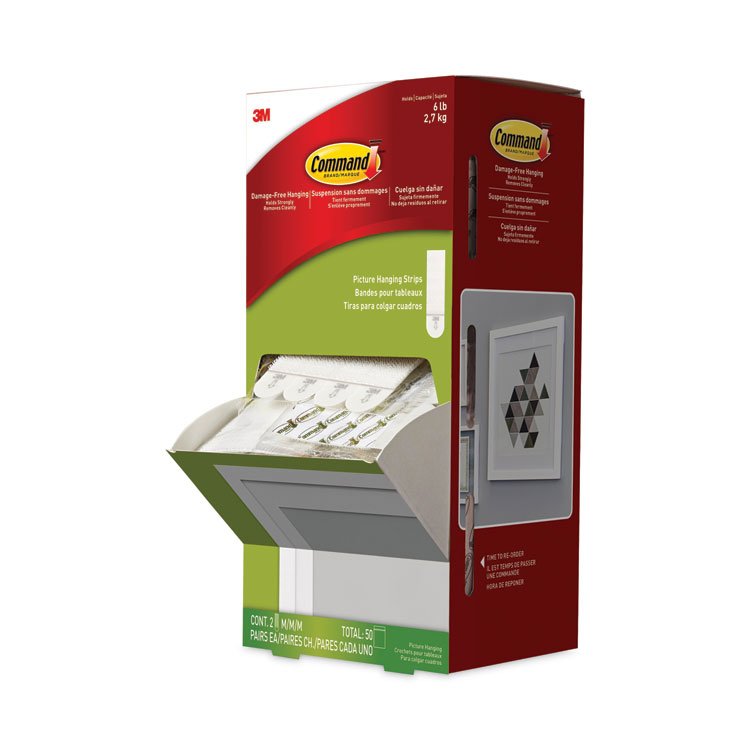 Command Picture Hanging Strips, Cabinet Pack, Removable, Holds Up to 6 lbs per Pair, 0.75 x 2.75, White, 4/Set, 50 Sets/Carton (MMM17201PK)