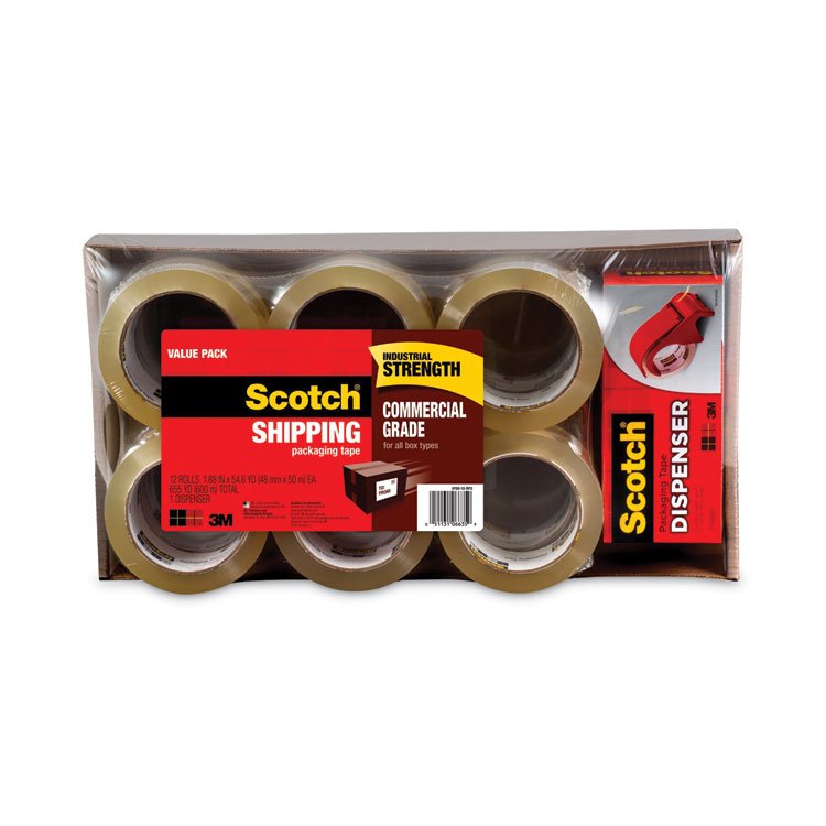 Scotch 3750 Commercial Grade Packaging Tape with DP300 Dispenser, 3" Core, 1.88" x 54.6 yds, Clear, 12/Pack (MMM375012DP3)