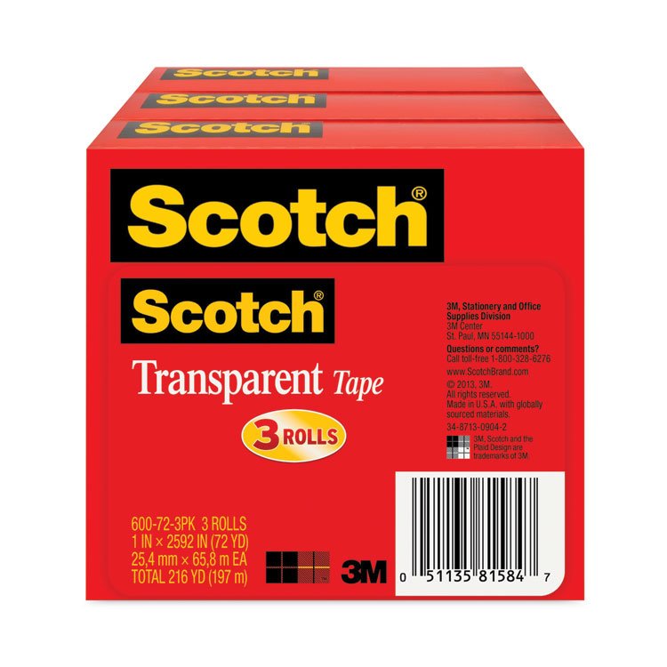 Scotch Transparent Tape, 3" Core, 1" x 72 yds, Transparent, 3/Pack (MMM600723PK)
