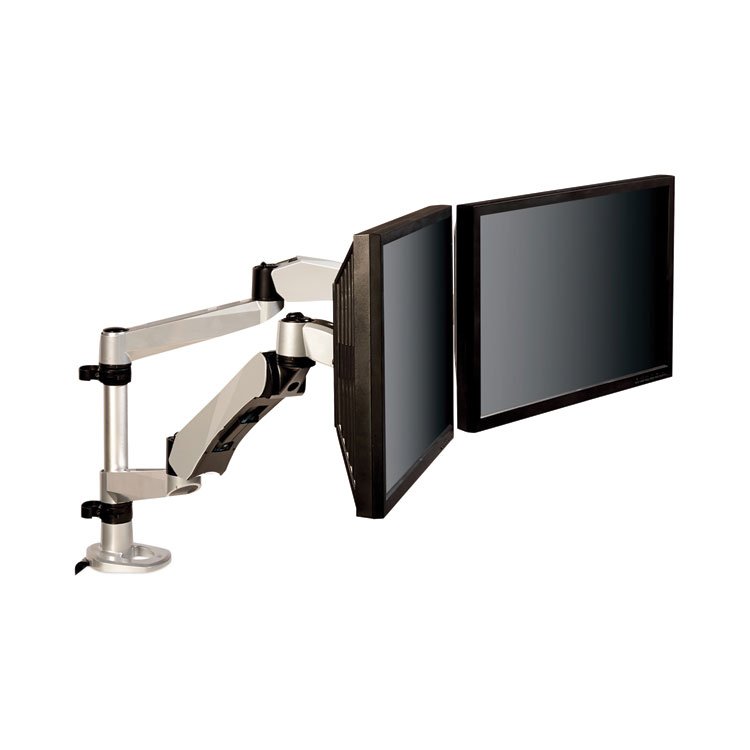 3M Easy-Adjust Desk Dual Arm Mount for 27" Monitors, 360 deg Rotation, +90/-15 deg Tilt, 360 deg Pan, Silver, Supports 20 lb (MMMMA265S)