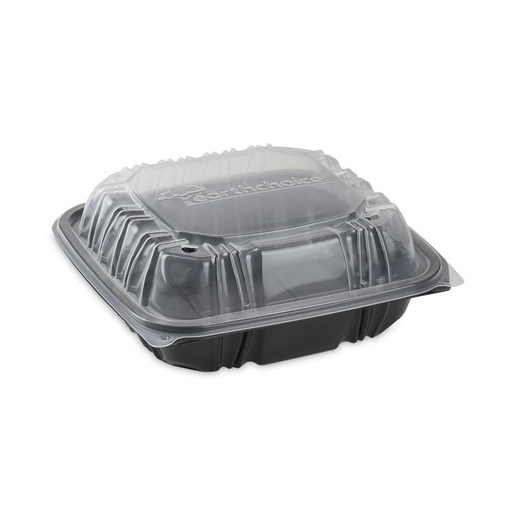 Pactiv Evergreen EarthChoice Vented Dual Color Microwavable Hinged Lid Container, 38 oz, 8.5 x 8.5 x 3, Black/Clear, Plastic, 150/Carton (PCTDC858100B000)