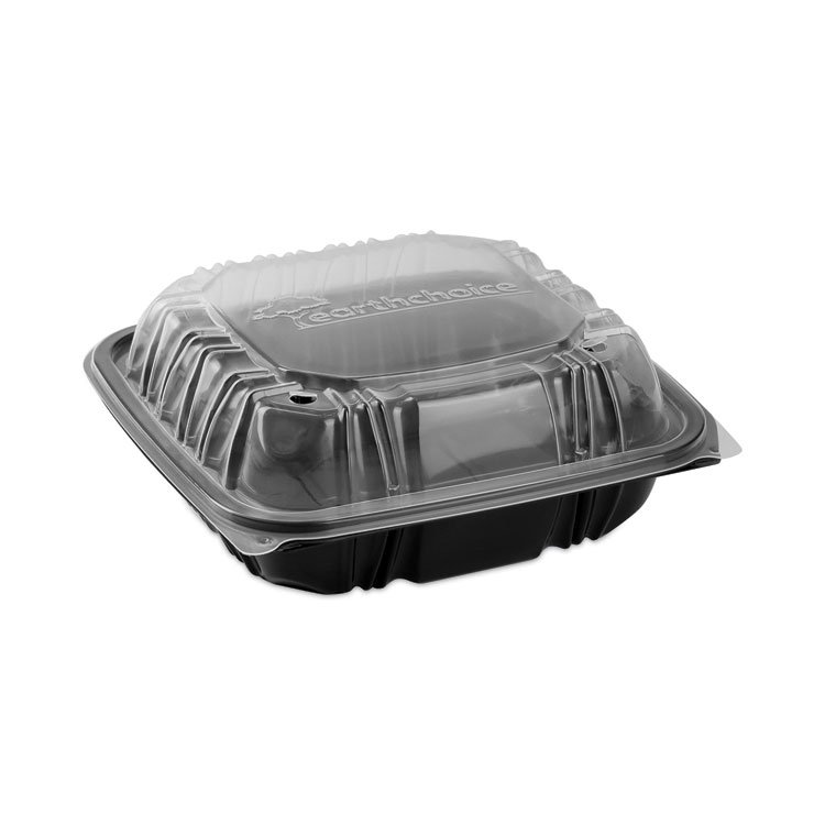 Pactiv Evergreen EarthChoice Vented Dual Color Microwavable Hinged Lid Container, 3 Compartments, 21 oz, Black/Clear, Plastic, 150/Carton (PCTDC858310B000)