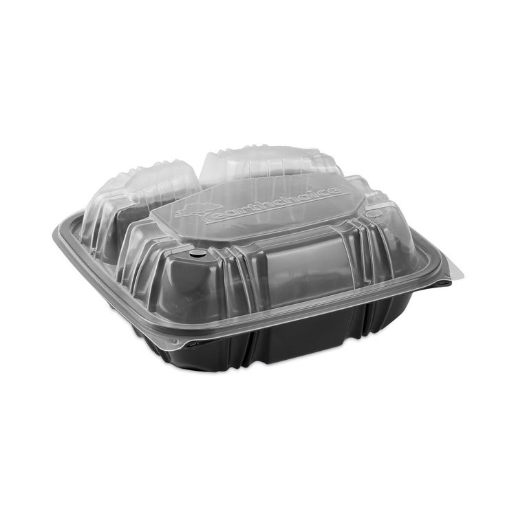 Pactiv Evergreen EarthChoice Vented Dual Color Microwavable Hinged Lid Container, 3 Compartments, 33 oz, Black/Clear, Plastic, 150/Carton (PCTDC858330B000)
