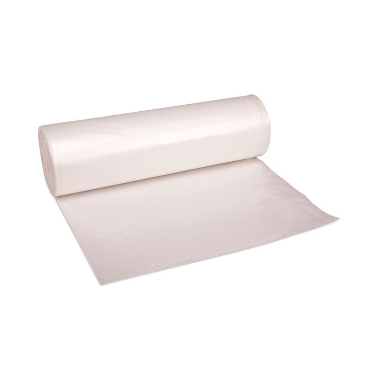 Boardwalk High-Density Can Liners, 60 gal, 19 mic, 38" x 58", Natural, Perforated Roll, 25 Bags/Roll, 6 Rolls/Carton (BWK385822)