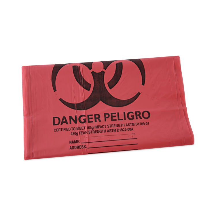 Boardwalk Linear Low Density Health Care Trash Can Liners, 45 gal, 1.3 mil, 40" x 46", Red, Flat Pack, 100/Carton (BWKIW4046R)