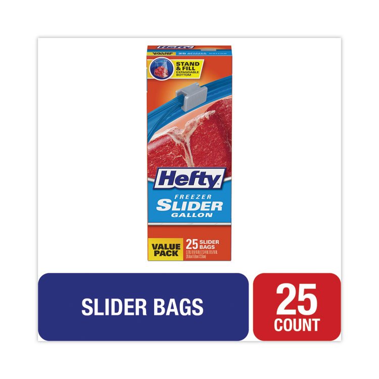 Hefty Slider Stand and Fill Freezer Storage Bags, 1 gal, 10.56" x 11", Clear, 25 Bags/Box, 9 Boxes/Carton (RFPR88073CT)