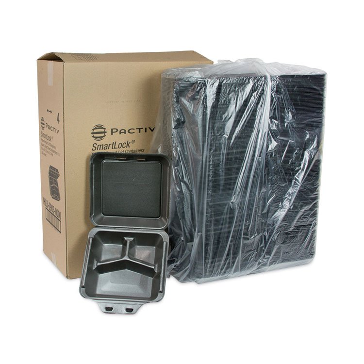 Pactiv Evergreen SmartLock Foam Hinged Lid Container, Large, 3 Compartments, 9 x 9.5 x 3.25, Black, 150/Carton (PCTYHLB09030000)