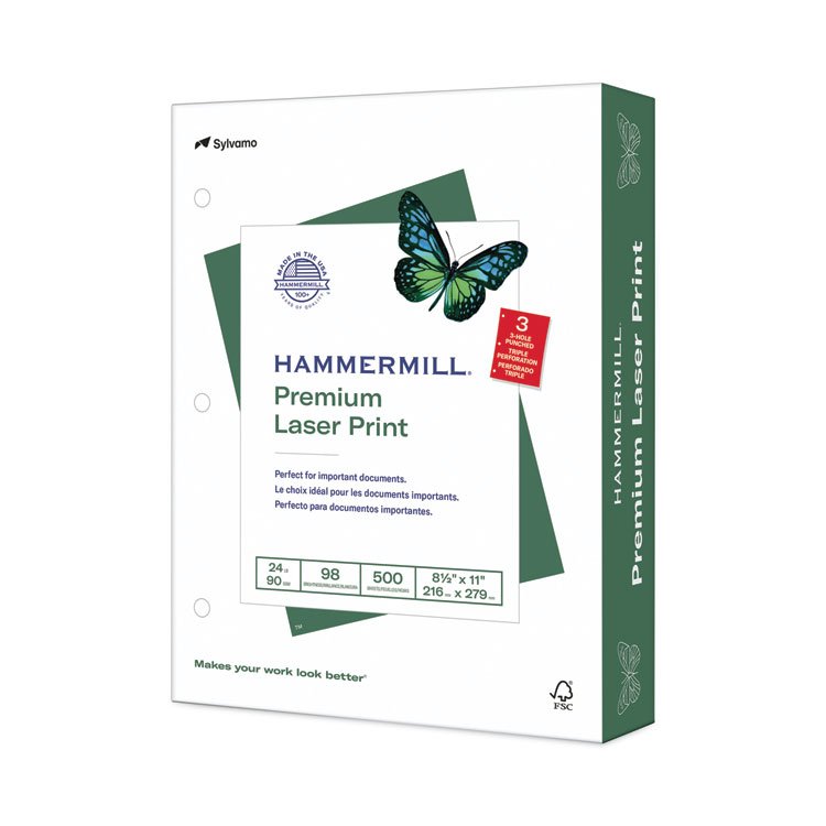 Hammermill Premium Laser Print Paper, 98 Bright, 3-Hole, 24 lb Bond Weight, 8.5 x 11, White, 500/Ream (HAM107681)