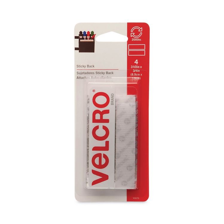VELCRO Brand Sticky-Back Fasteners, Four 0.75" x 3.5" Strips, White (VEK90076)
