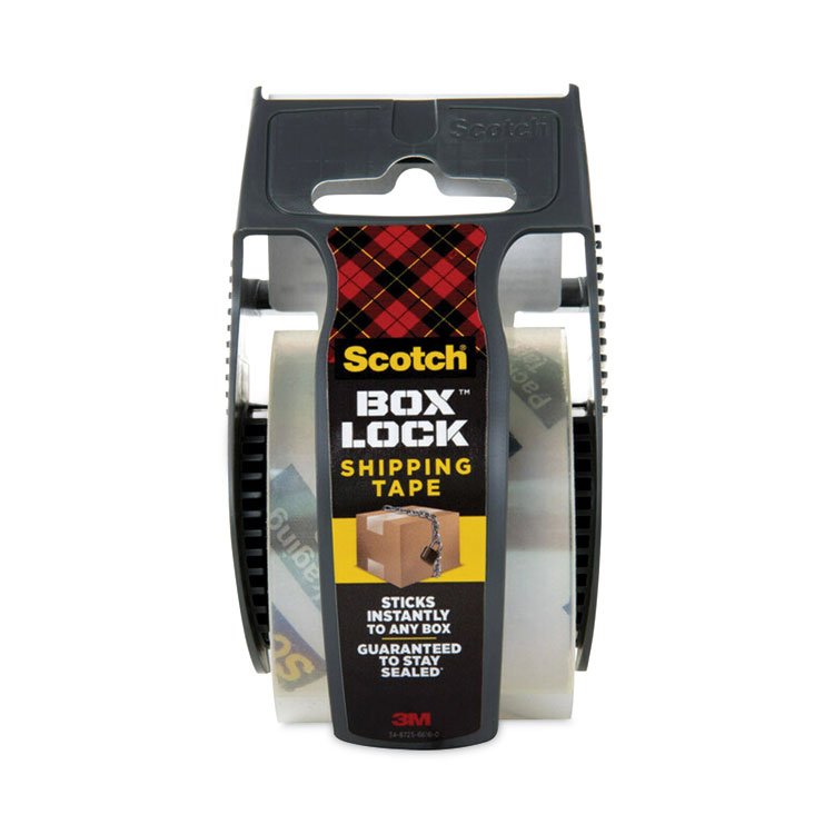 Scotch Box Lock Shipping Packaging Tape with Dispenser, 1.5" Core, 1.88" x 22.2 yds, Clear (MMM195)