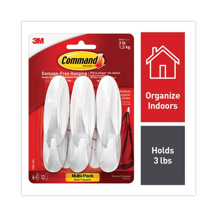 Command Designer Hooks, Medium, Plastic, White, 3 lb Capacity, 6 Hooks and 12 Strips/Pack (MMM170816ES)