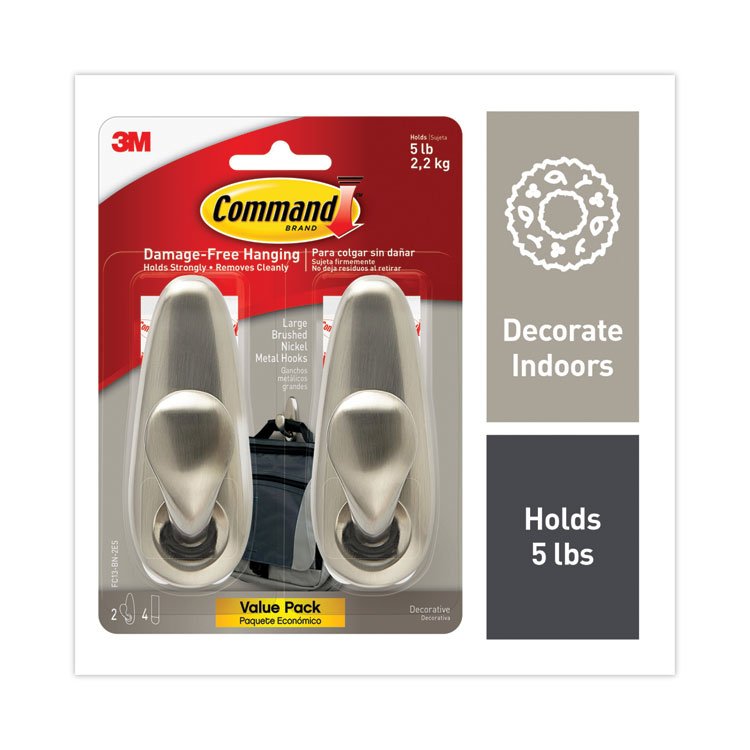 Command Adhesive Mount Metal Hook, Large, Brushed Nickel Finish, 5 lb Capacity, 2 Hooks and 4 Strips/Pack (MMMFC13BN2ES)