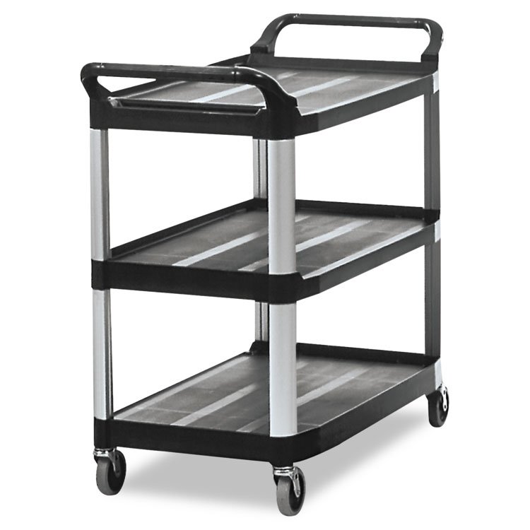 Rubbermaid Commercial Xtra Utility Cart with Open Sides, Plastic, 3 Shelves, 300 lb Capacity, 40.63" x 20" x 37.81", Black (RCP409100BLA)