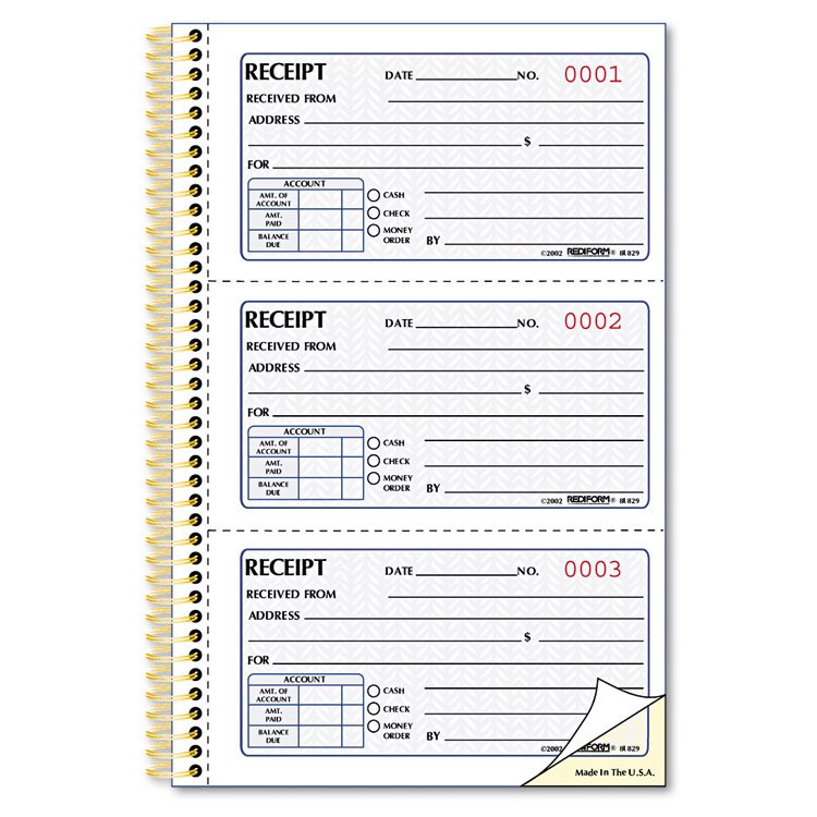 Rediform Gold Standard Money Receipt Book, Two-Part Carbonless, 5 x 2.75, 3 Forms/Sheet, 225 Forms Total (RED8L829)