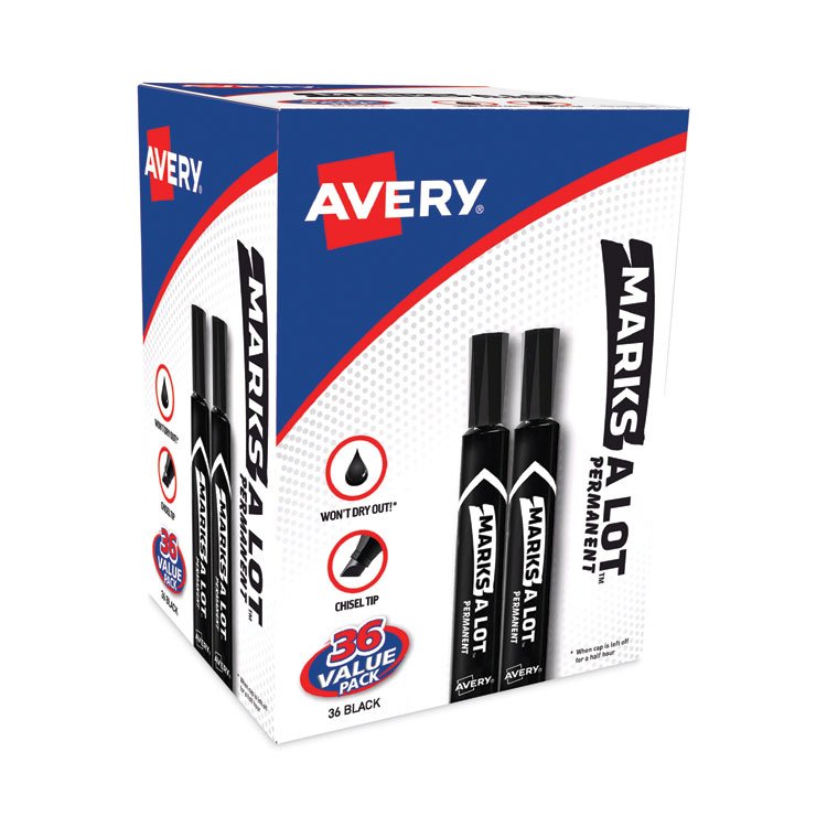 Avery MARKS A LOT Large Desk-Style Permanent Marker Value Pack, Broad Chisel Tip, Black, 36/Pack (98206) (AVE98206)