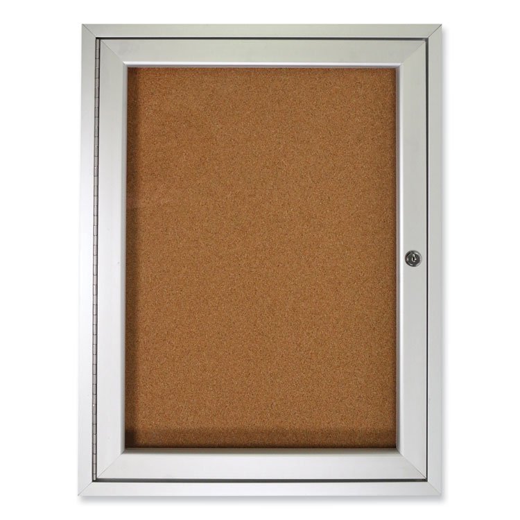 Ghent 1 Door Enclosed Natural Cork Bulletin Board with Satin Frame, 30" x 36", Tan Surface, Satin Aluminum Frame (GHEPA13630K)