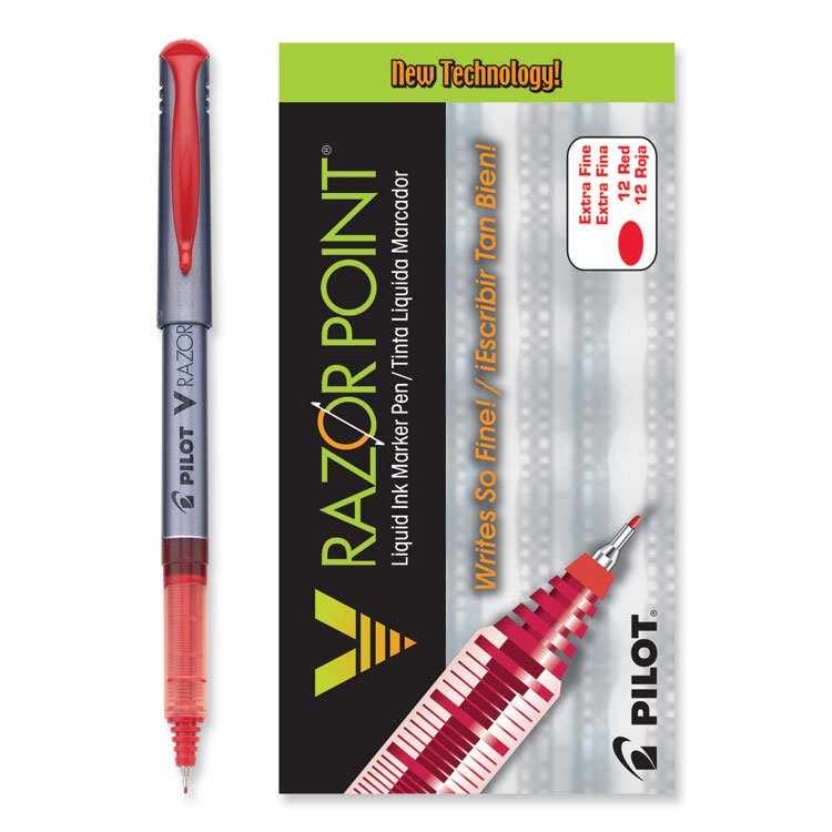 Pilot V Razor Point Liquid Ink Porous Point Pen, Stick, Extra-Fine 0.5 mm, Red Ink, Gray/Translucent Red Barrel, Dozen (PIL11022)