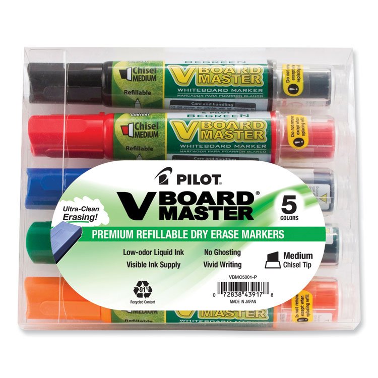 Pilot BeGreen V Board Master Dry Erase Marker, Medium Chisel Tip, Assorted Colors, 5/Pack (PIL43917)