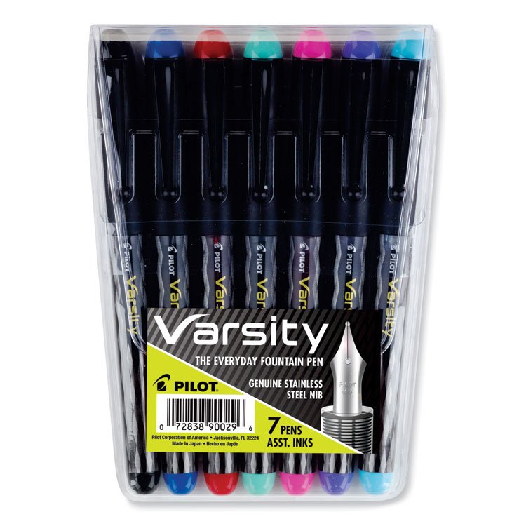 Pilot Varsity Fountain Pen, Medium 1 mm, Assorted Ink and Barrel Colors, 7/Pack (PIL90029)