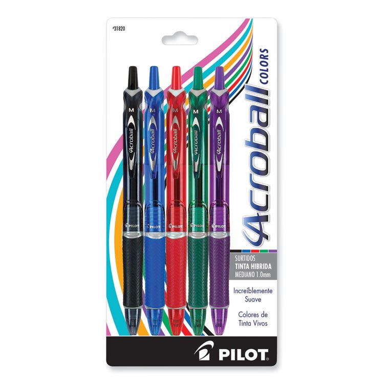 Pilot Acroball Colors Advanced Ink Hybrid Gel Pen, Retractable, Medium 1 mm, Assorted Ink and Barrel Colors, 5/Pack (PIL31820)