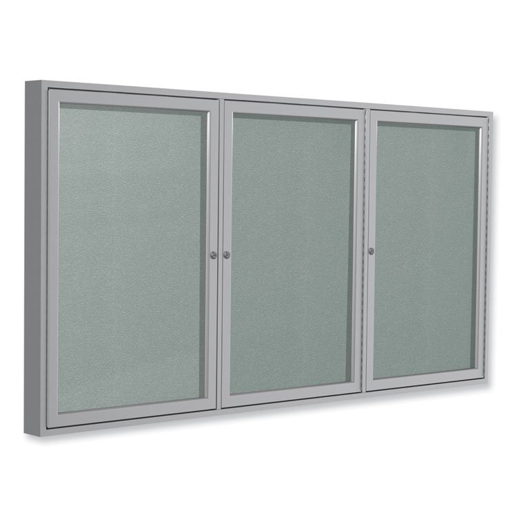 Ghent 3 Door Enclosed Vinyl Bulletin Board with Satin Frame, 96" x 48", Silver Surface, Satin Aluminum Frame (GHEPA34896VX193)