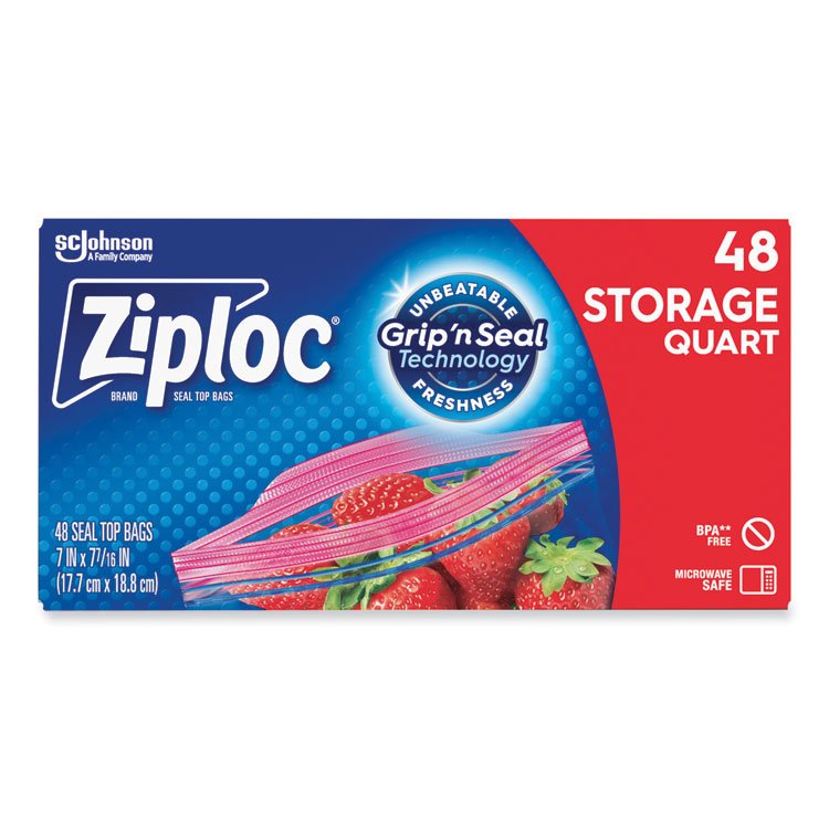 Ziploc Double Zipper Storage Bags, Triple System Seal, Quart, 9.63" x 8.5", Clear, 48/Box (SJN314469BX)