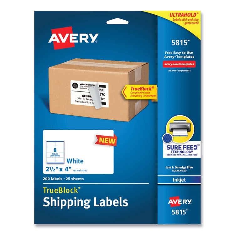Avery Shipping Labels with TrueBlock Technology, Inkjet Printers, 2.5 x 4, White, 8 Labels/Sheet, 25 Sheets/Pack (AVE5815)