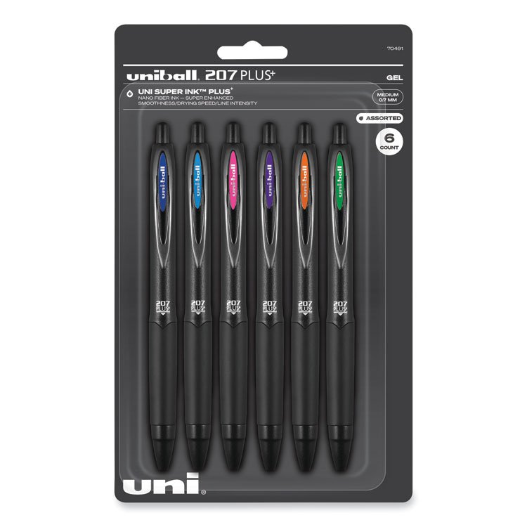 uniball 207 Plus+ Gel Pen, Retractable, Medium 0.7 mm, Assorted Inspirational Ink Colors, Black Barrel, 6/Pack (UBC70491)