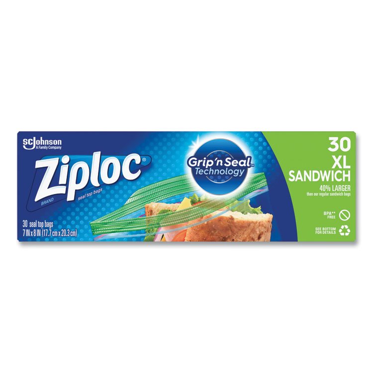 Ziploc Sandwich Seal Top Bags, XL Sandwich, 8" x 7", Clear, 30/Box (SJN315880)