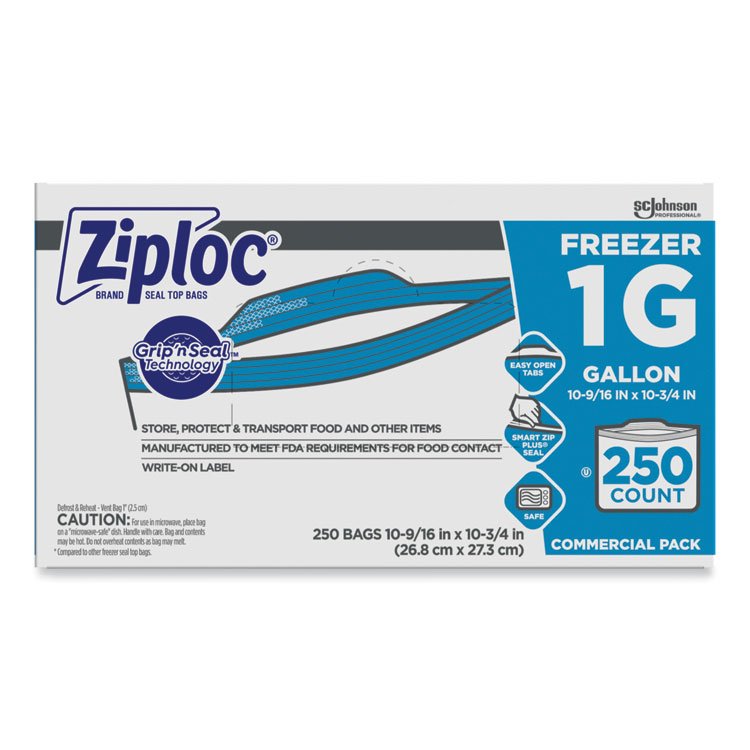 Ziploc Zipper Freezer Bags, 1 gal, 10.56" x 10.75", Clear, 250/Carton (SJN364937)