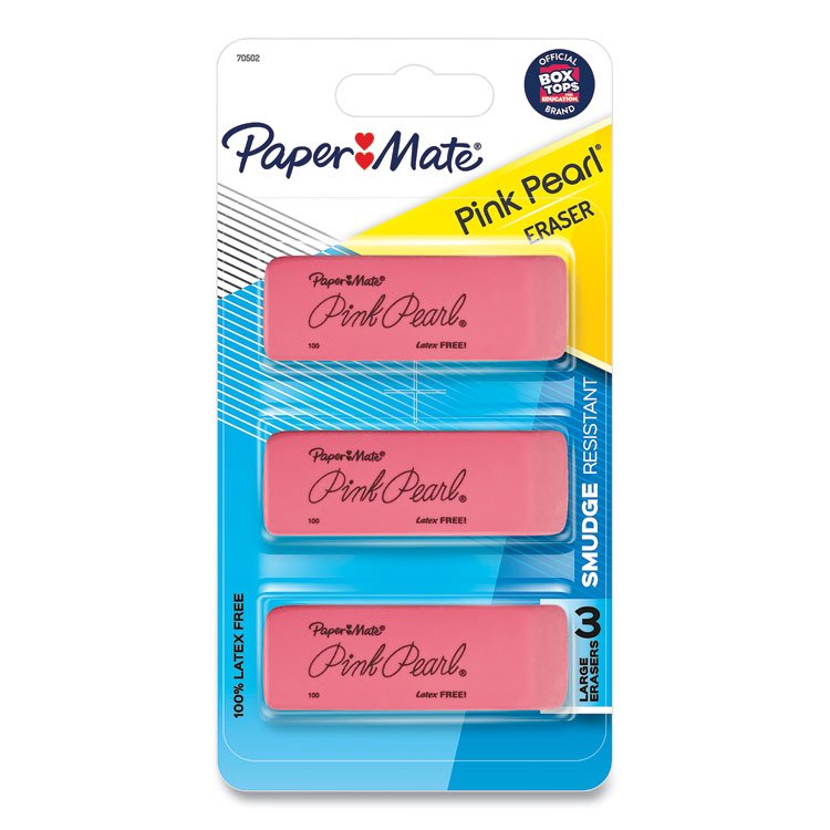 Paper Mate Pink Pearl Eraser, For Pencil Marks, Rectangular Block, Medium, Pink, 3/Pack (PAP70502)