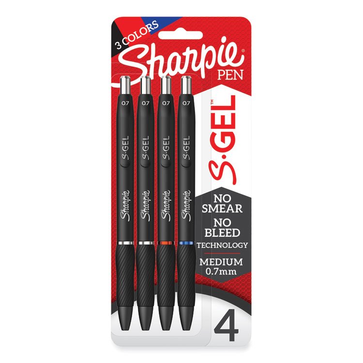 Sharpie S-Gel S-Gel High-Performance Gel Pen, Retractable, Medium 0.7 mm, Assorted Ink Colors, Black Barrel, 4/Pack (SAN2096174)