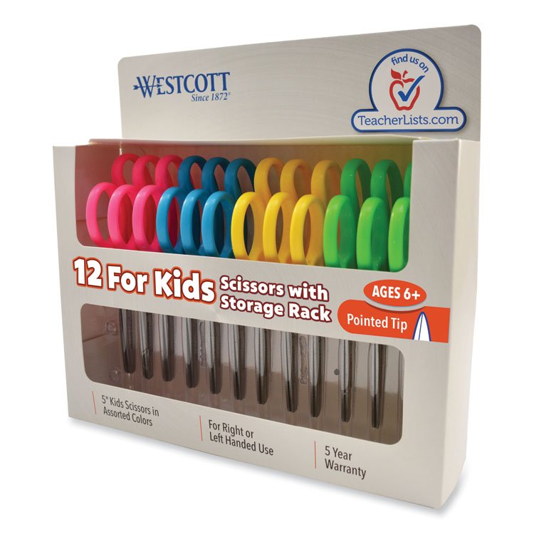 Westcott For Kids Scissors Teacher's Pack, Pointed Tip, 5" Long, 1.75" Cut Length, Straight Assorted Color Handles, 12/Pack (ACM13141)