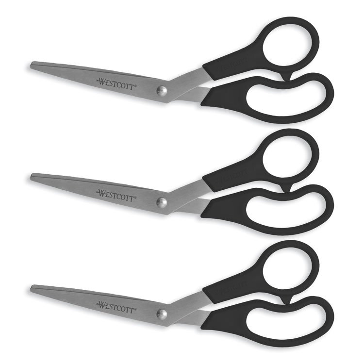 Westcott Value Line Stainless Steel Shears Value Pack, 8" Long, 3.5" Cut Length, Crane-Style Black Handle, 3/Pack (ACM13402)