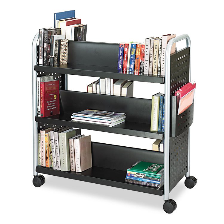 Safco Scoot Double-Sided Book Cart, Metal, 6 Shelves, 1 Bin, 41.25" x 17.75" x 41.25", Black (SAF5335BL)