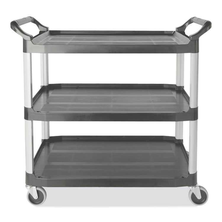 Rubbermaid Commercial Xtra Utility Cart with Open Sides, Plastic, 3 Shelves, 300 lb Capacity, 20" x 40.63" x 37.8", Gray (RCP4091GRA)
