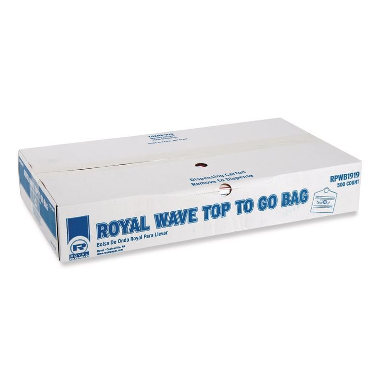 AmerCareRoyal Wave Top To-Go Bags, Take-Out Labeling, Cut-Out Handles, 19" x 9.5" x 19", White/Blue/Red, 500/Carton (RPPRPWB1919)