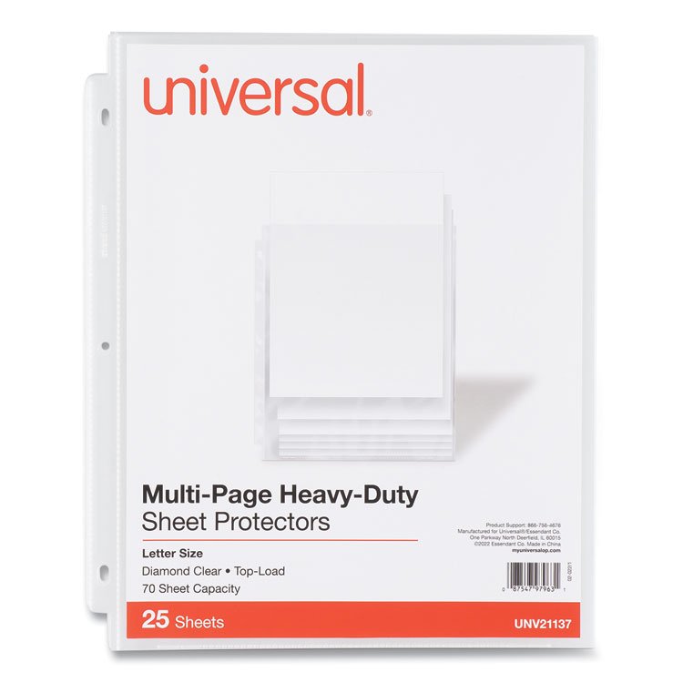 Universal Deluxe Heavyweight Sheet Protector, Side: 3-Hole Punched, Top Load 8.5 x 11 Insert, Clear Front, 25/Pack (UNV21137)