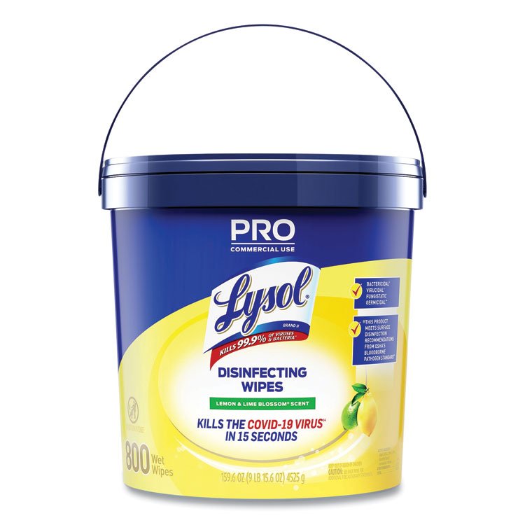 LYSOL Brand Professional Disinfecting Wipe Bucket, 1-Ply, 6 x 8, Lemon and Lime Blossom, White, 800 Wipes (RAC99856EA)