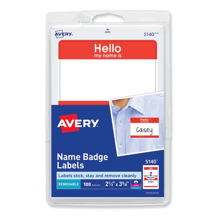 Avery Printable Self-Adhesive Name Badges, 2 1/3 x 3 3/8, Red "Hello", 100/Pack (AVE5140)