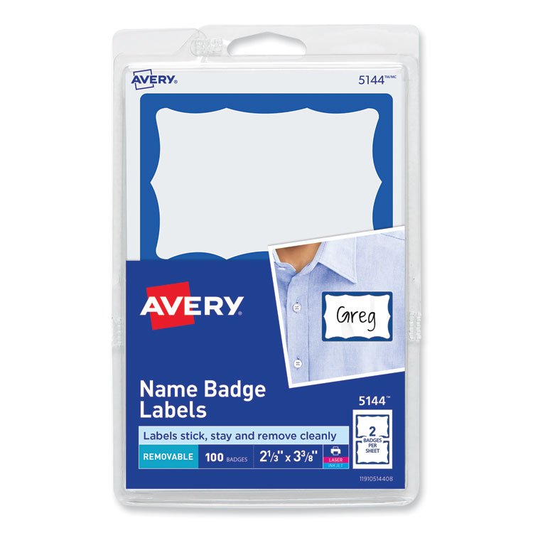 Avery Printable Adhesive Name Badges, 3.38 x 2.33, Blue Border, 100/Pack (AVE5144)