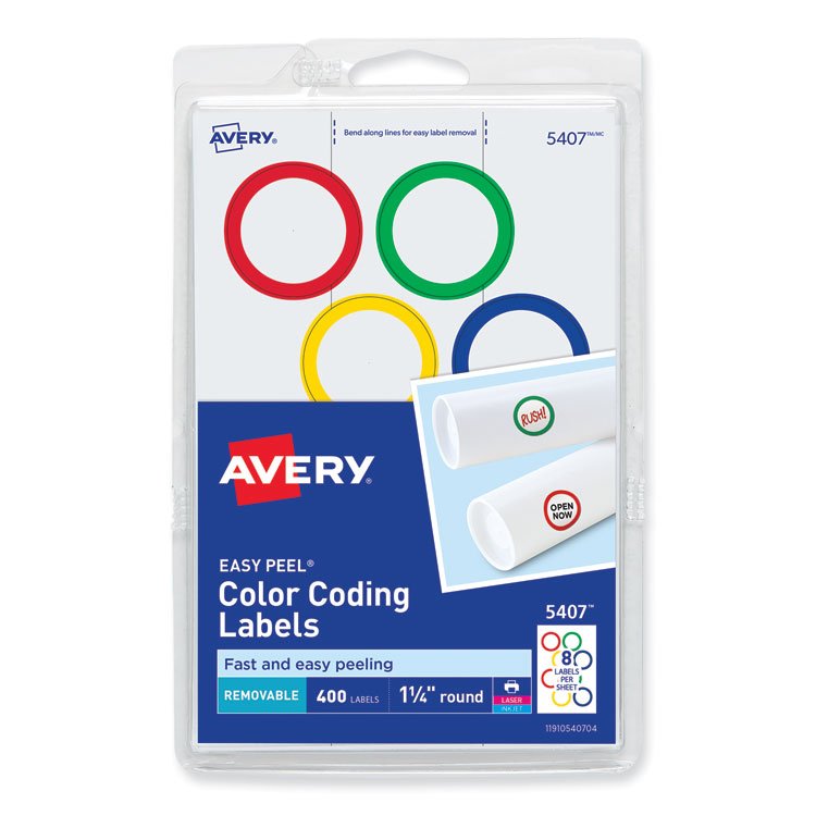 Avery Printable Self-Adhesive Removable Color-Coding Labels, 1.25" dia, Assorted Colors, 8/Sheet, 50 Sheets/Box (AVE5407)