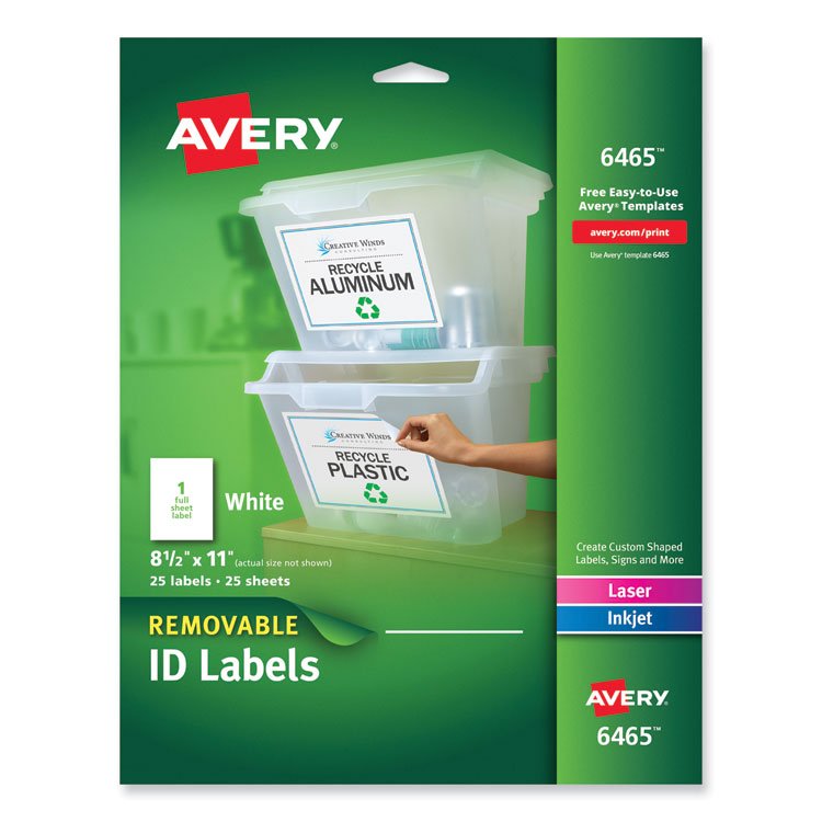 Avery Removable Multi-Use Labels, Inkjet/Laser Printers, 8.5 x 11, White, 25/Pack (AVE6465)
