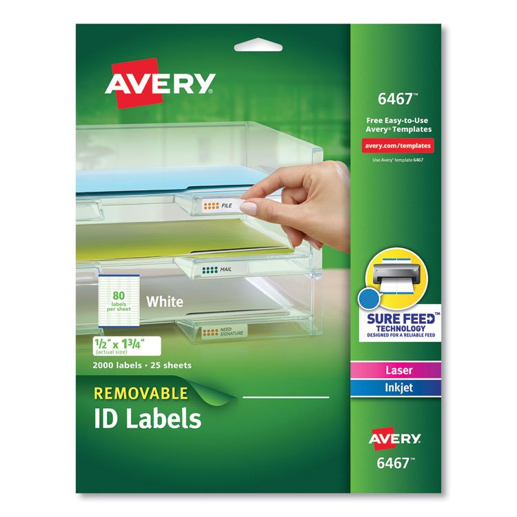 Avery Removable Multi-Use Labels, Inkjet/Laser Printers, 0.5 x 1.75, White, 80/Sheet, 25 Sheets/Pack (AVE6467)