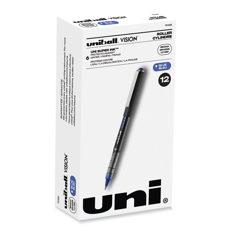uniball VISION Rollerball Pen, Stick, Bold 1 mm, Blue Ink, Black/Blue/Clear Barrel, Dozen (UBC70129)