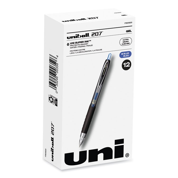 uniball 207 Ultra Micro Gel Pen, Retractable, Ultra-Micro 0.38 mm, Blue Ink, Clear/Black Barrel (UBC1790923)